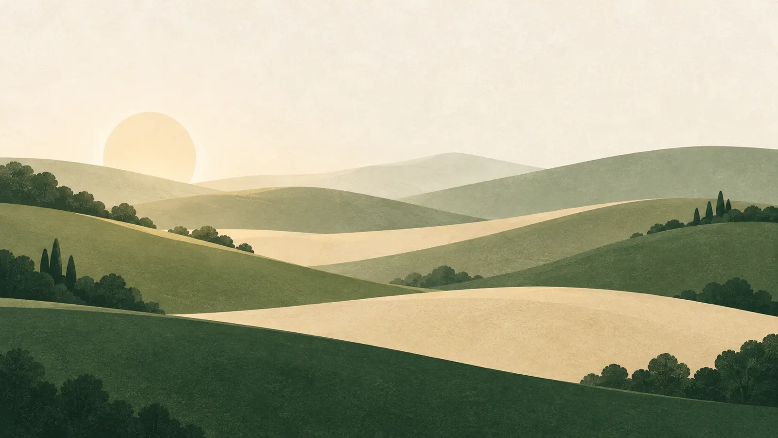 Layered rolling bands of forest green, olive and sand under soft light, like a calm hillside